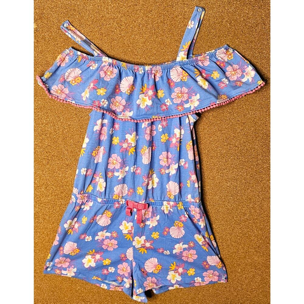 Tommy Bahama Blue Floral Off-Shoulder Short Romper Cold Shoulder Ruffle LG 10/12